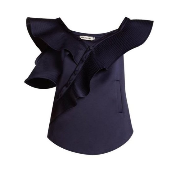 Self-Portrait royal blue off shoulder ruffled blouse in duchess satin size 6 - Picture 8 of 16